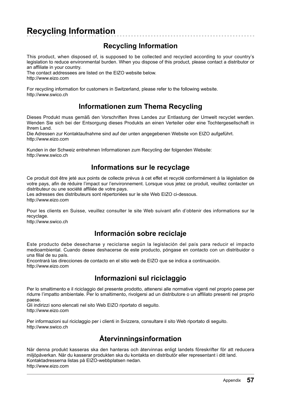 Recycling information, Informationen zum thema recycling, Informations sur le recyclage | Información sobre reciclaje, Informazioni sul riciclaggio, Återvinningsinformation | Eizo Flexscan S2133 21.3" 4:3 IPS Monitor User Manual | Page 57 / 62