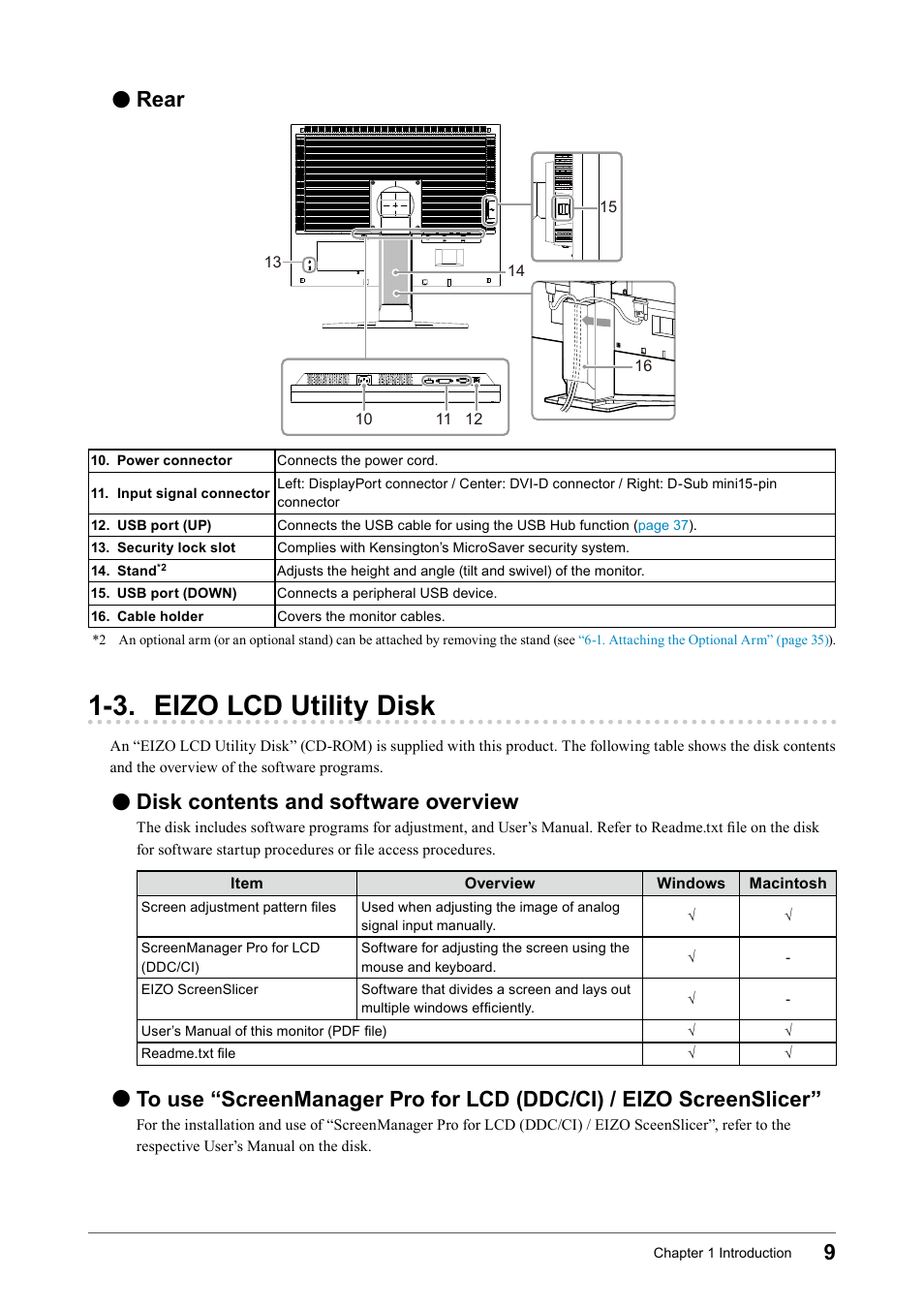 Rear, 3. eizo lcd utility disk, Disk contents and software overview | Disk﻿contents﻿and﻿software﻿overview | Eizo Flexscan S2133 21.3" 4:3 IPS Monitor User Manual | Page 9 / 62