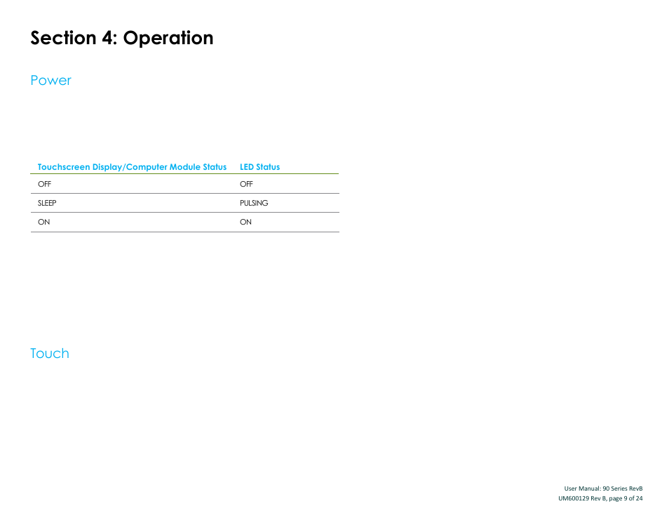 Section 4: operation, Power, Touch | Elo TouchSystems 19" 1990L Open-Frame LCD Touchscreen Monitor User Manual | Page 10 / 24