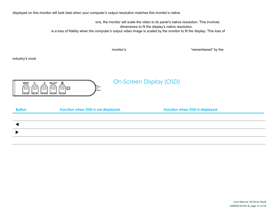 On-screen display (osd) | Elo TouchSystems 19" 1990L Open-Frame LCD Touchscreen Monitor User Manual | Page 12 / 24