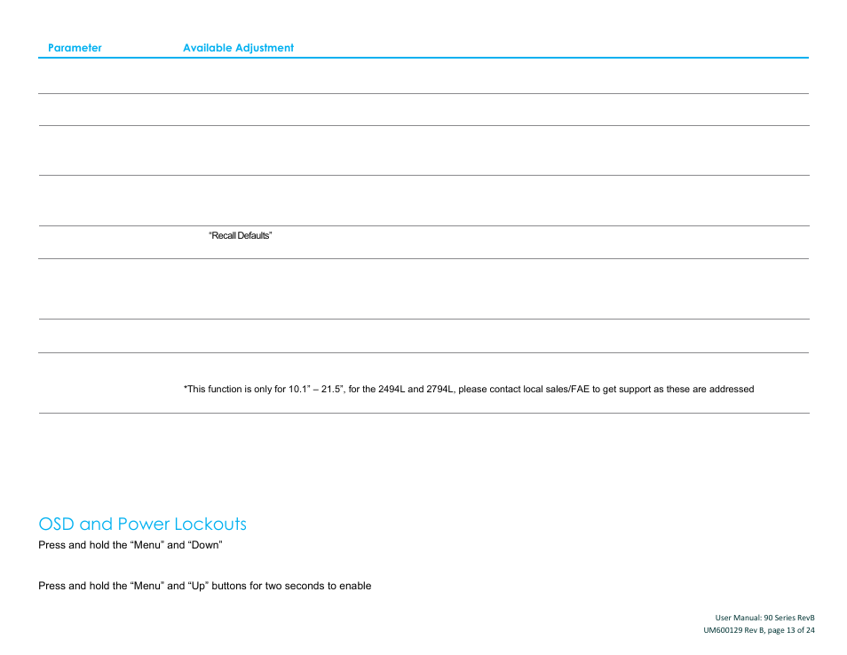 Osd and power lockouts | Elo TouchSystems 19" 1990L Open-Frame LCD Touchscreen Monitor User Manual | Page 14 / 24