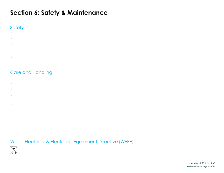 Section 6: safety & maintenance, Safety, Care and handling | Elo TouchSystems 19" 1990L Open-Frame LCD Touchscreen Monitor User Manual | Page 17 / 24