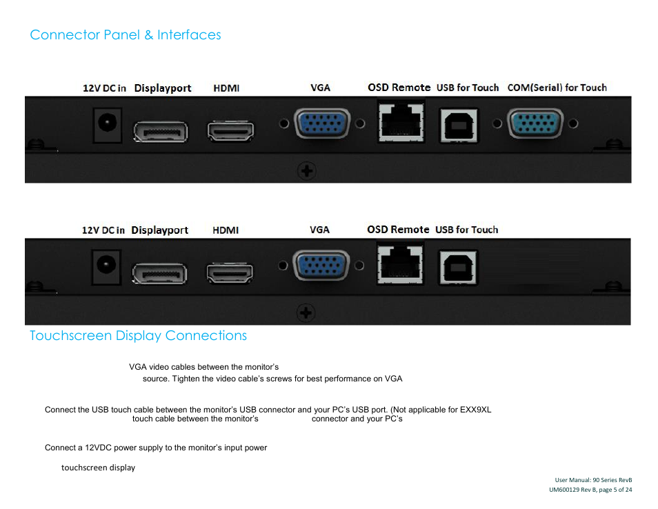 Connector panel & interfaces, Touchscreen display connections | Elo TouchSystems 19" 1990L Open-Frame LCD Touchscreen Monitor User Manual | Page 6 / 24