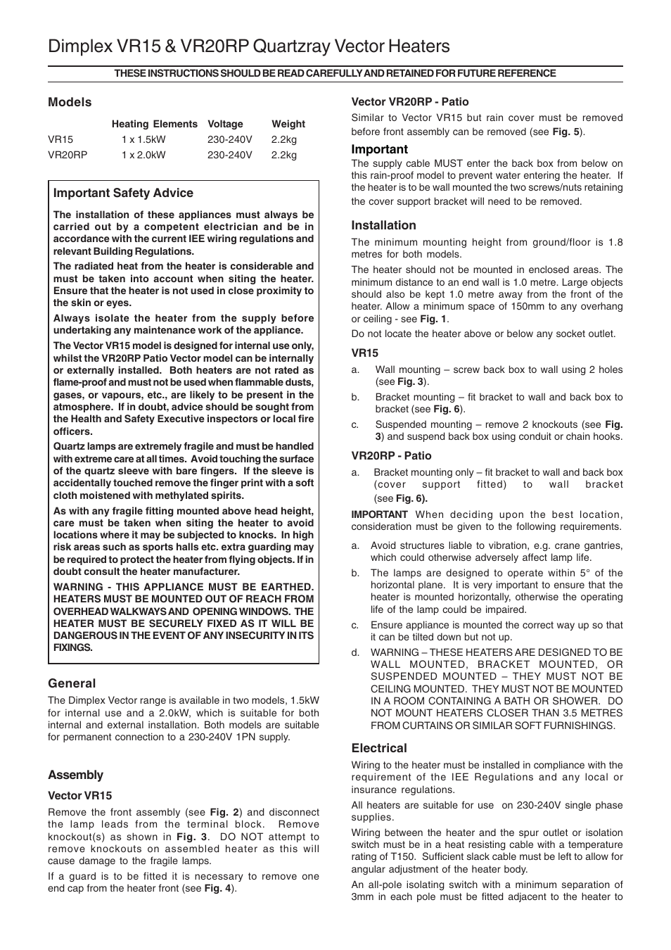 Dimplex vr15 & vr20rp quartzray vector heaters | Dimplex VR20RP User Manual | Page 3 / 4