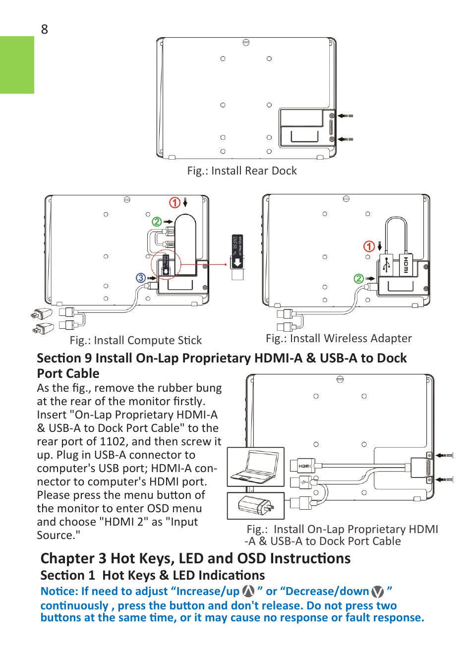 Chapter 3 hot keys, led and osd instructions | GeChic On-Lap 1102E 11.6" 16:9 Portable IPS Monitor User Manual | Page 14 / 44