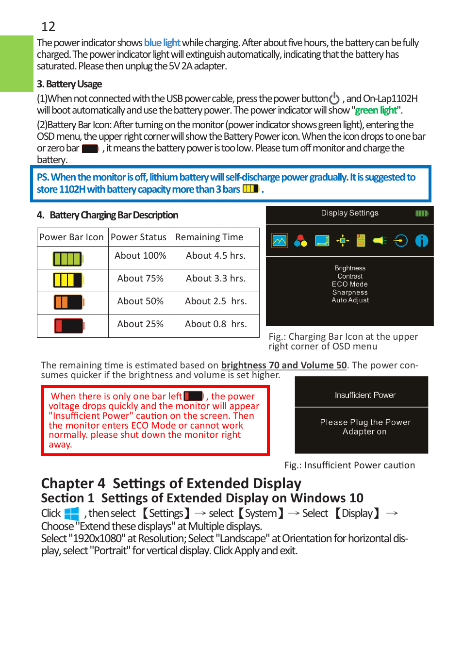 Chapter 4 settings of extended display | GeChic On-Lap 1102E 11.6" 16:9 Portable IPS Monitor User Manual | Page 18 / 44