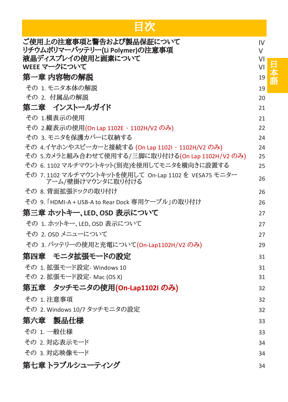 日本 語 | GeChic On-Lap 1102E 11.6" 16:9 Portable IPS Monitor User Manual | Page 3 / 44