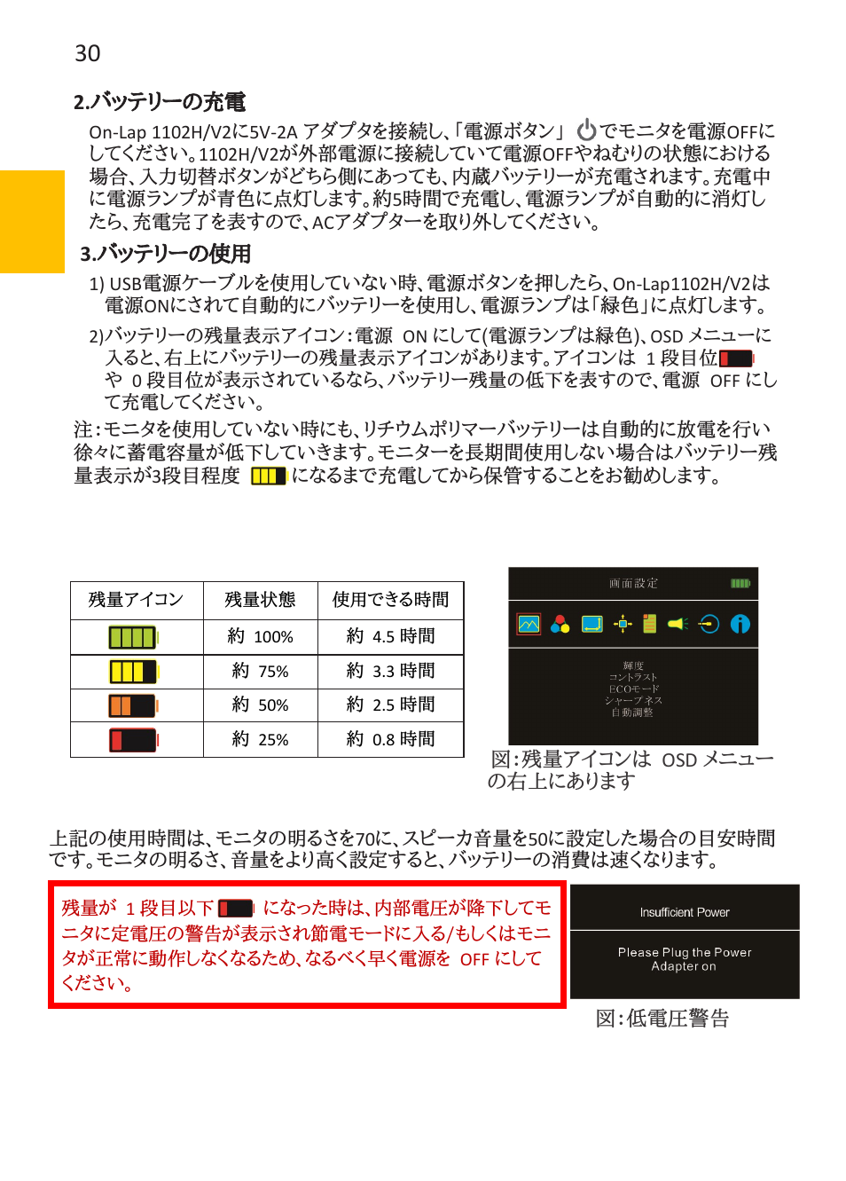 バッテリーの充電, バッテリーの使用 | GeChic On-Lap 1102E 11.6" 16:9 Portable IPS Monitor User Manual | Page 38 / 44