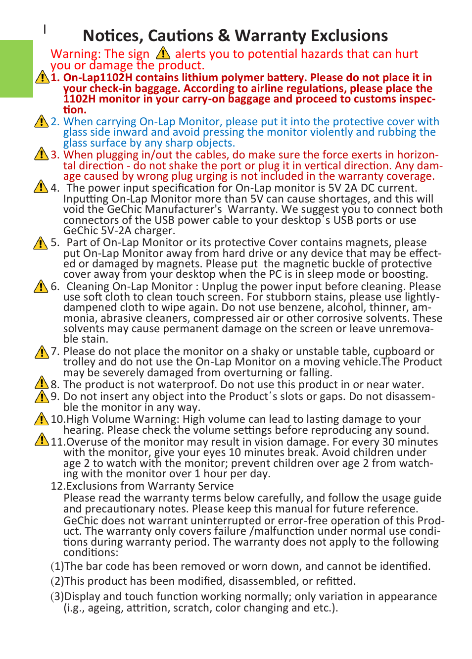 Notices, cautions & warranty exclusions | GeChic On-Lap 1102E 11.6" 16:9 Portable IPS Monitor User Manual | Page 4 / 44