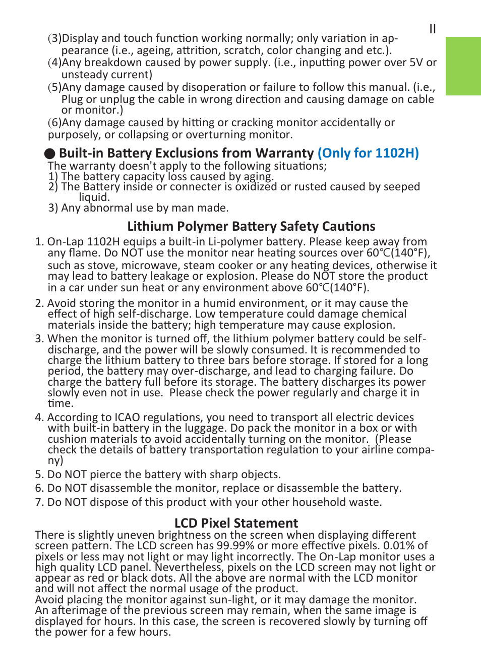 Lithium polymer battery safety cautions, Lcd pixel statement | GeChic On-Lap 1102E 11.6" 16:9 Portable IPS Monitor User Manual | Page 5 / 44