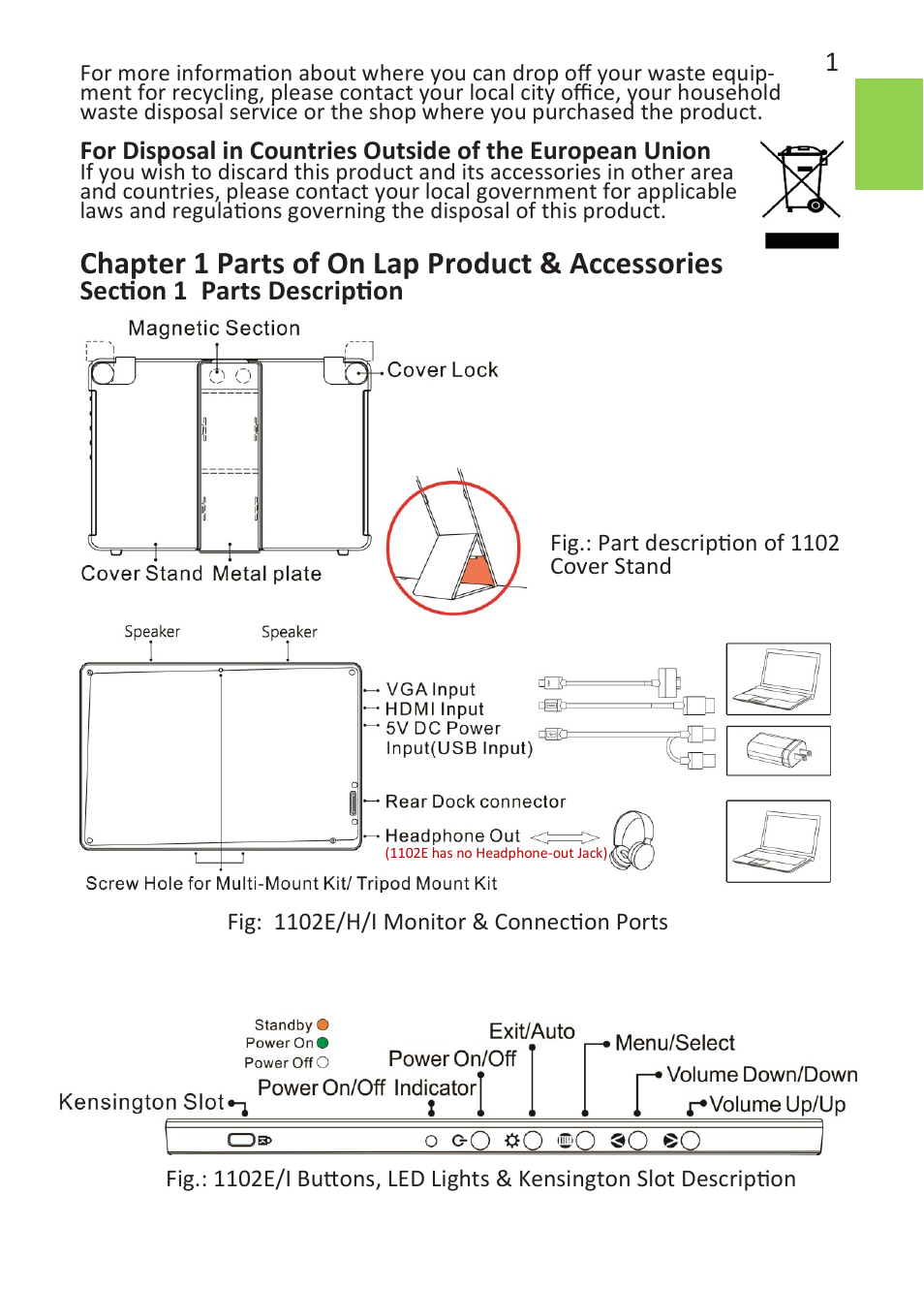 Chapter 1 parts of on lap product & accessories | GeChic On-Lap 1102E 11.6" 16:9 Portable IPS Monitor User Manual | Page 7 / 44