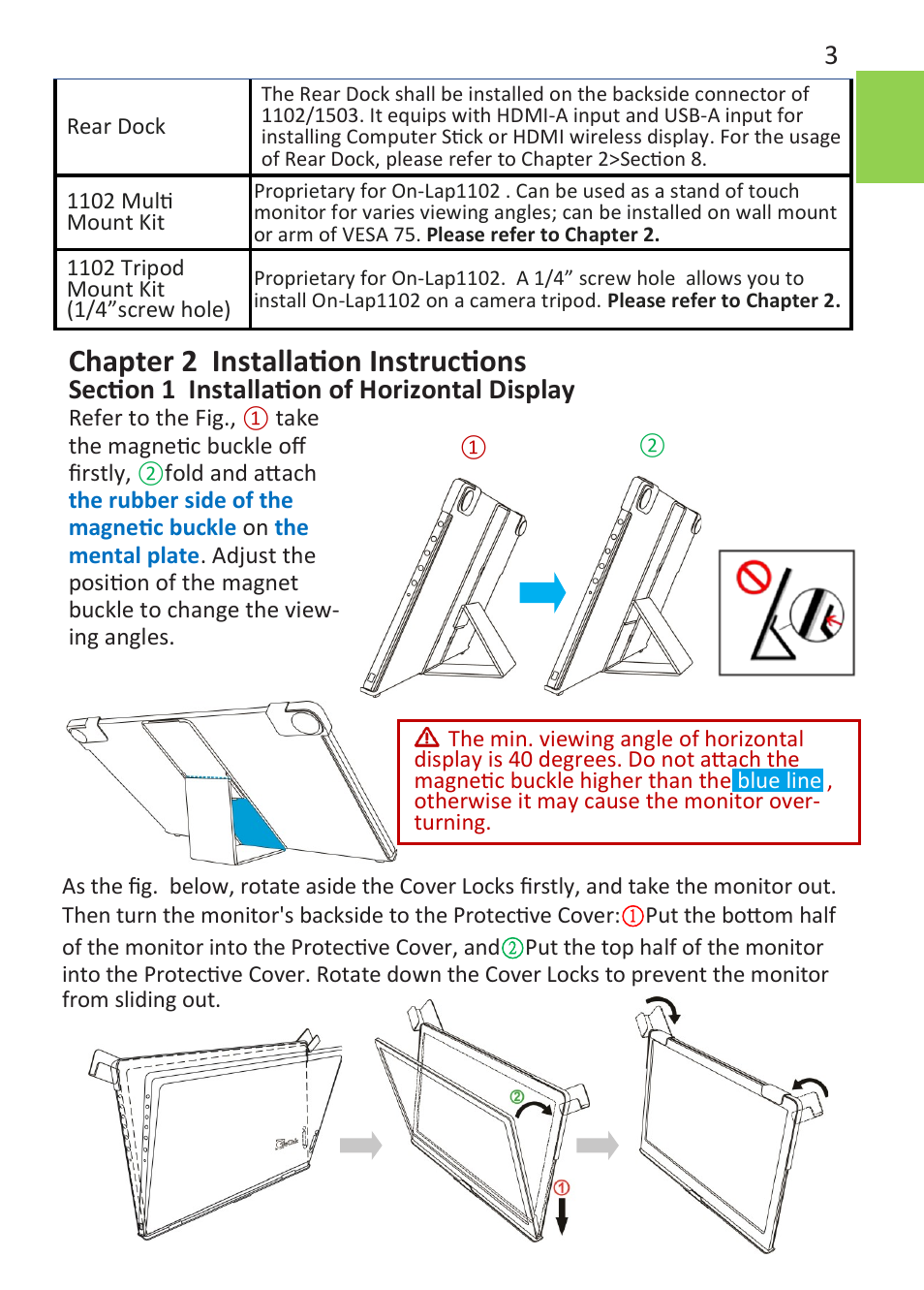 Chapter 2 installation instructions | GeChic On-Lap 1102E 11.6" 16:9 Portable IPS Monitor User Manual | Page 9 / 44