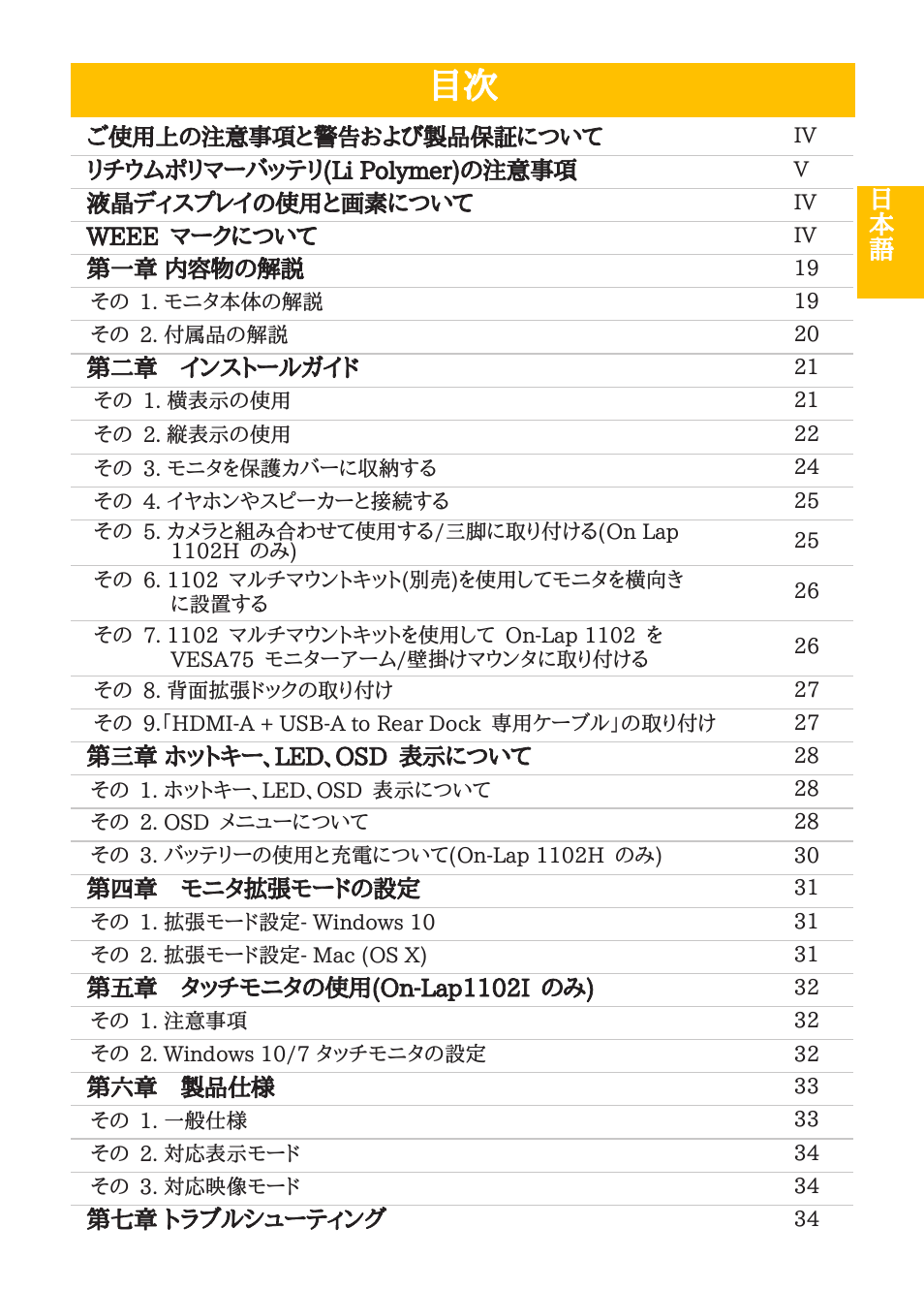 日本 語 | GeChic 1102I 11.6" 16:9 Portable Touchscreen LCD Monitor User Manual | Page 3 / 44