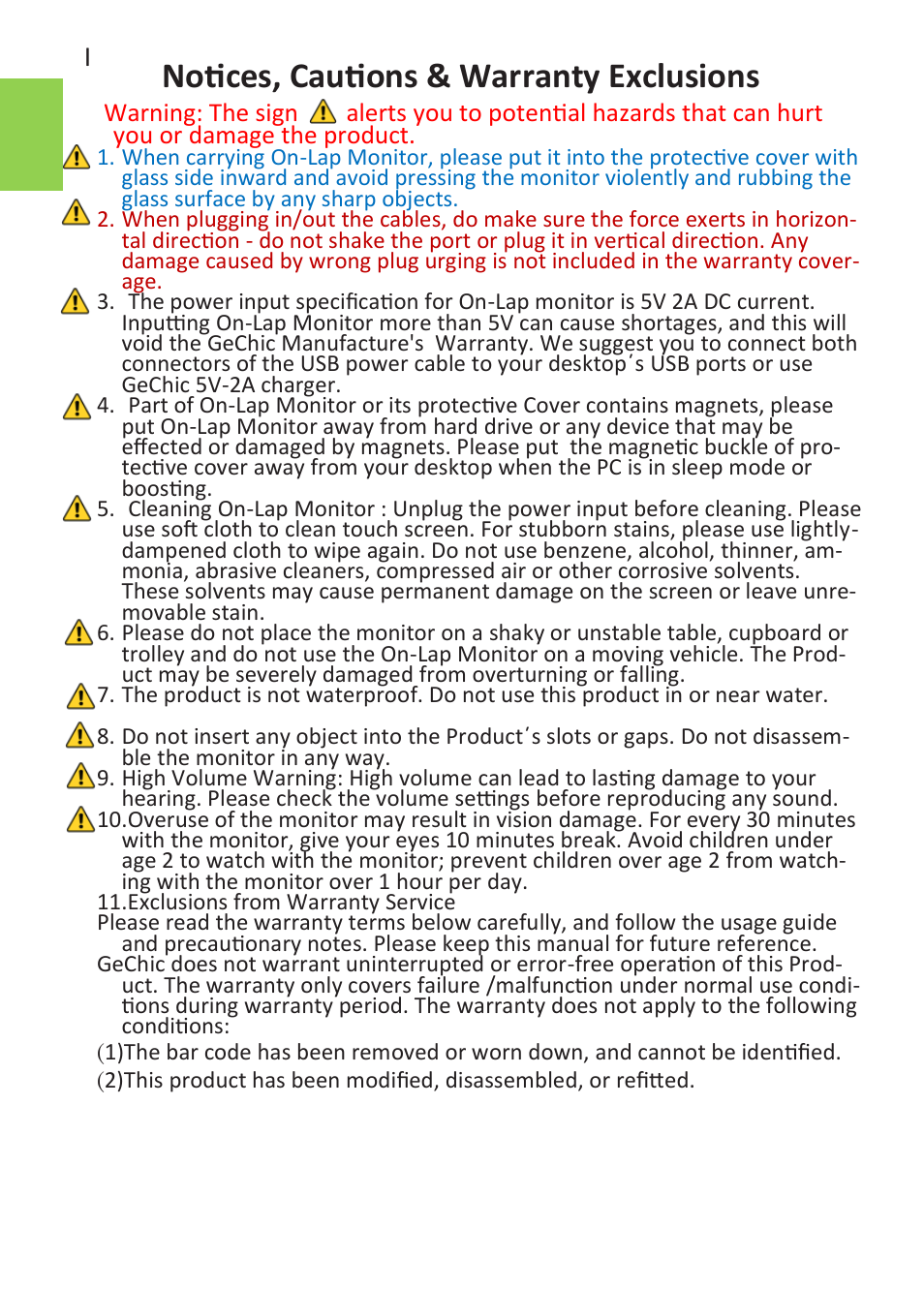 Notices, cautions & warranty exclusions | GeChic 1102I 11.6" 16:9 Portable Touchscreen LCD Monitor User Manual | Page 4 / 44