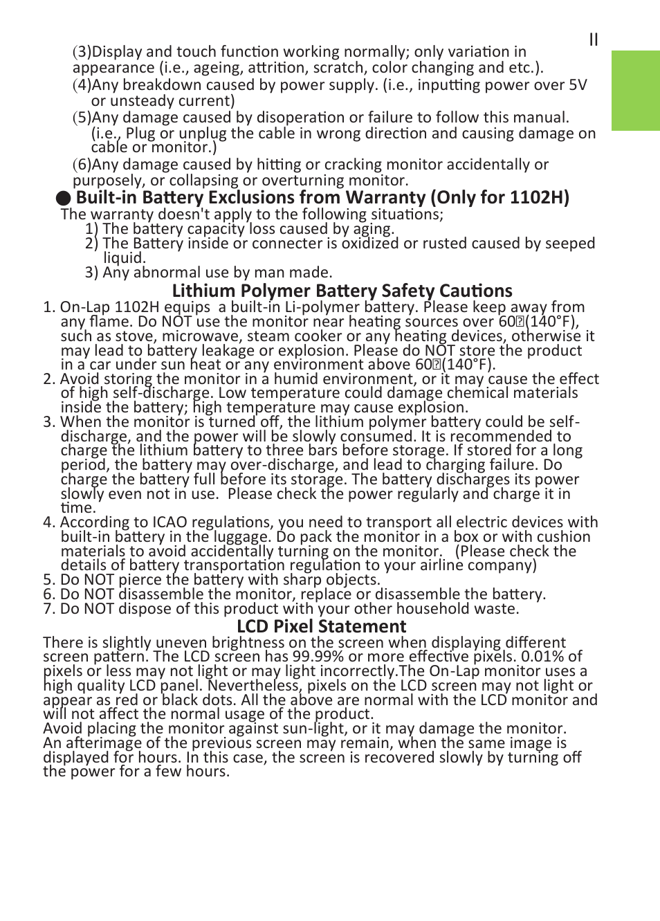 Lithium polymer battery safety cautions, Lcd pixel statement | GeChic 1102I 11.6" 16:9 Portable Touchscreen LCD Monitor User Manual | Page 5 / 44