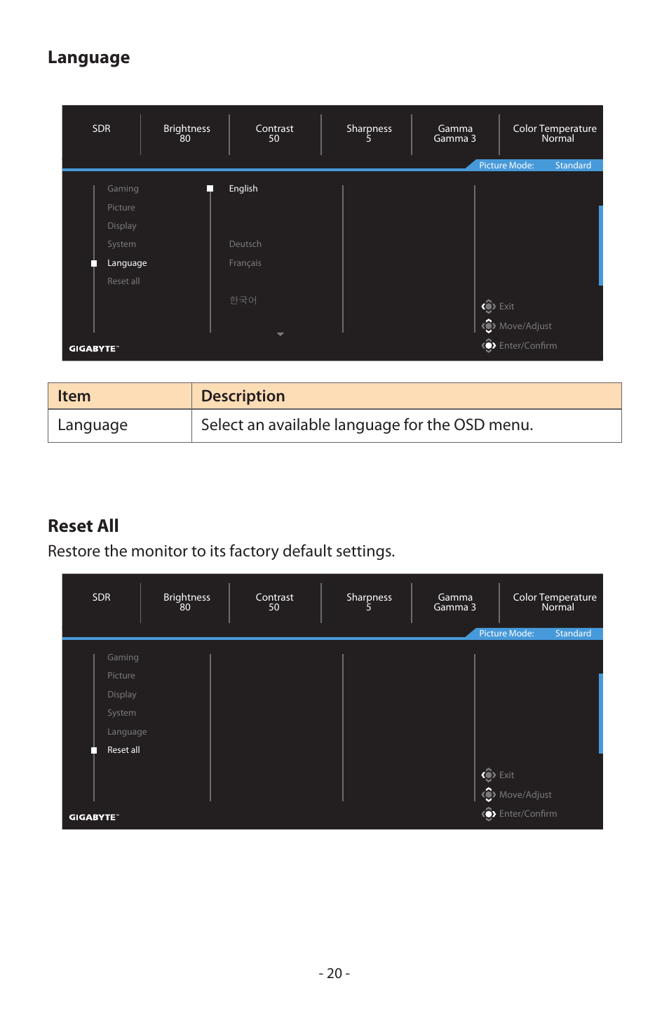 Language reset all | GIGABYTE GS27FC 27" 180 Hz Curved Gaming Monitor User Manual | Page 20 / 32
