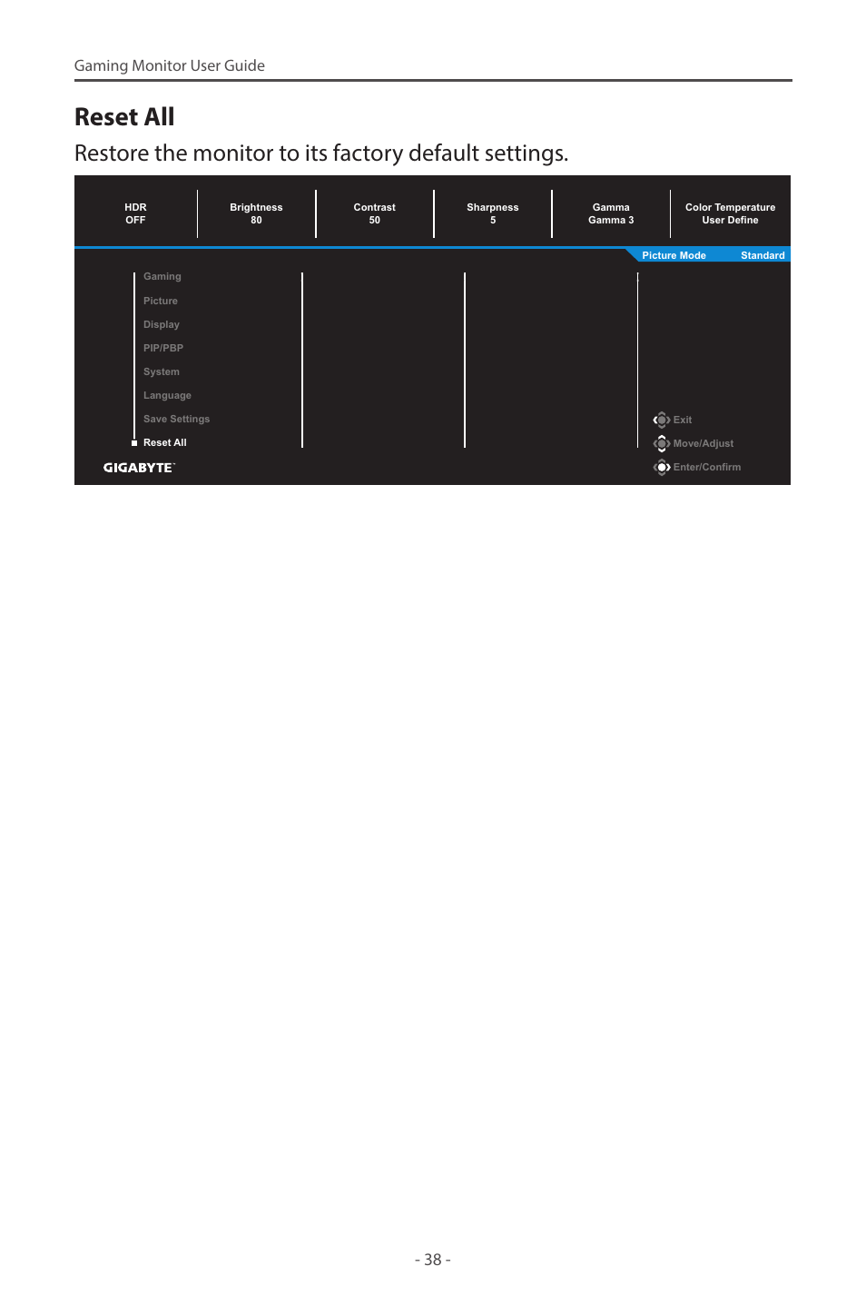 Reset all, Gaming monitor user guide | GIGABYTE G32QC A 31.5" 1440p HDR 165 Hz Curved Gaming Monitor User Manual | Page 38 / 42