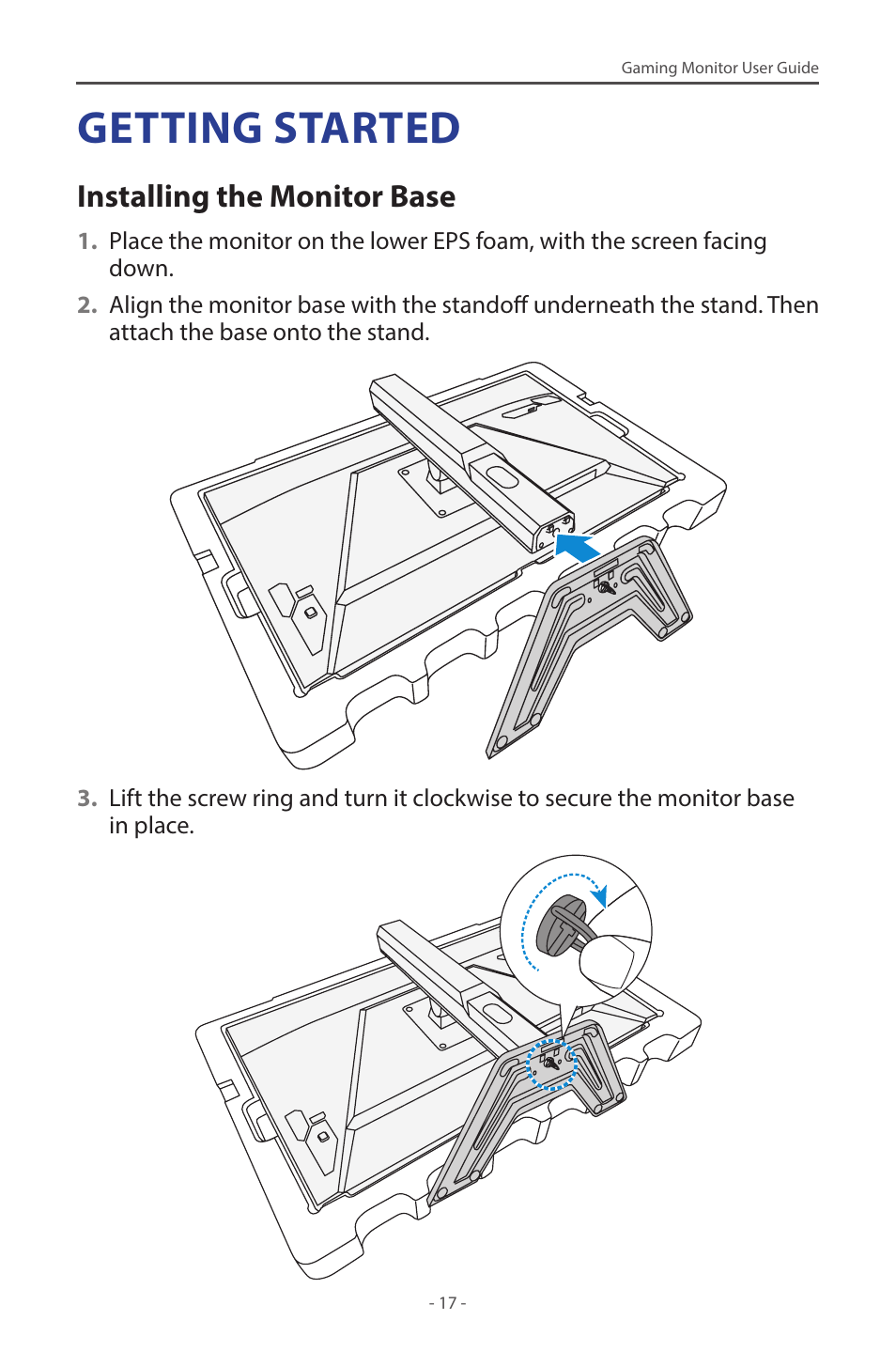 Getting started, Installing the monitor base | GIGABYTE M27Q 27" KVM FreeSync 170 Hz QHD HDR IPS Gaming Monitor User Manual | Page 17 / 46