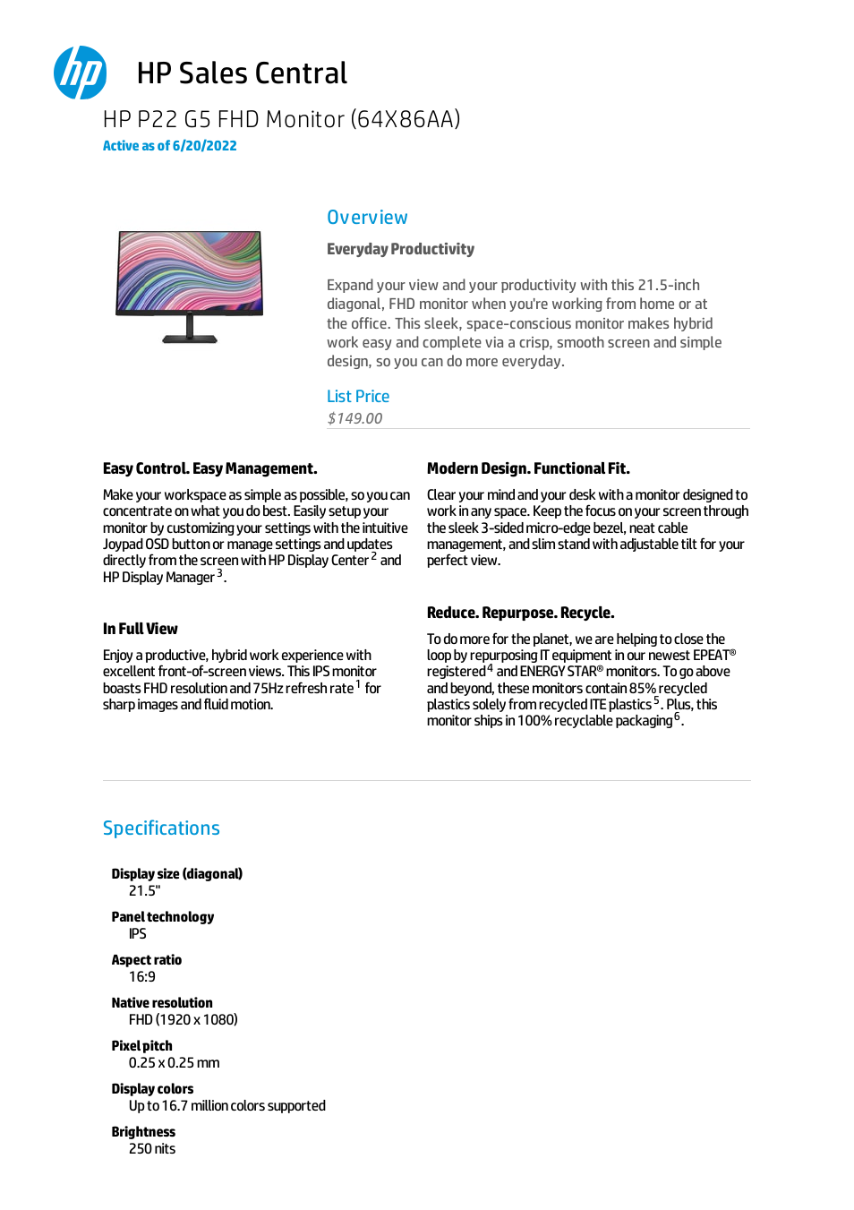 HP P22 G5 21.5" Monitor User Manual | 8 pages