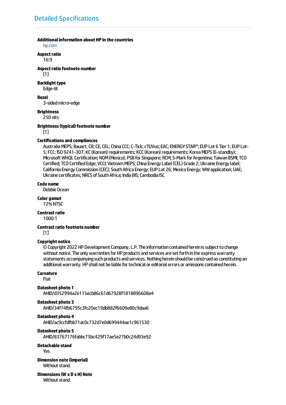 Detailed specifications | HP P22 G5 21.5" Monitor User Manual | Page 4 / 8