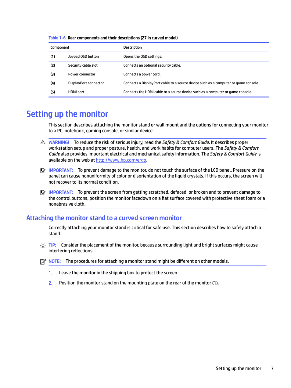 Setting up the monitor | HP P22 G5 21.5" Monitor User Manual | Page 13 / 54