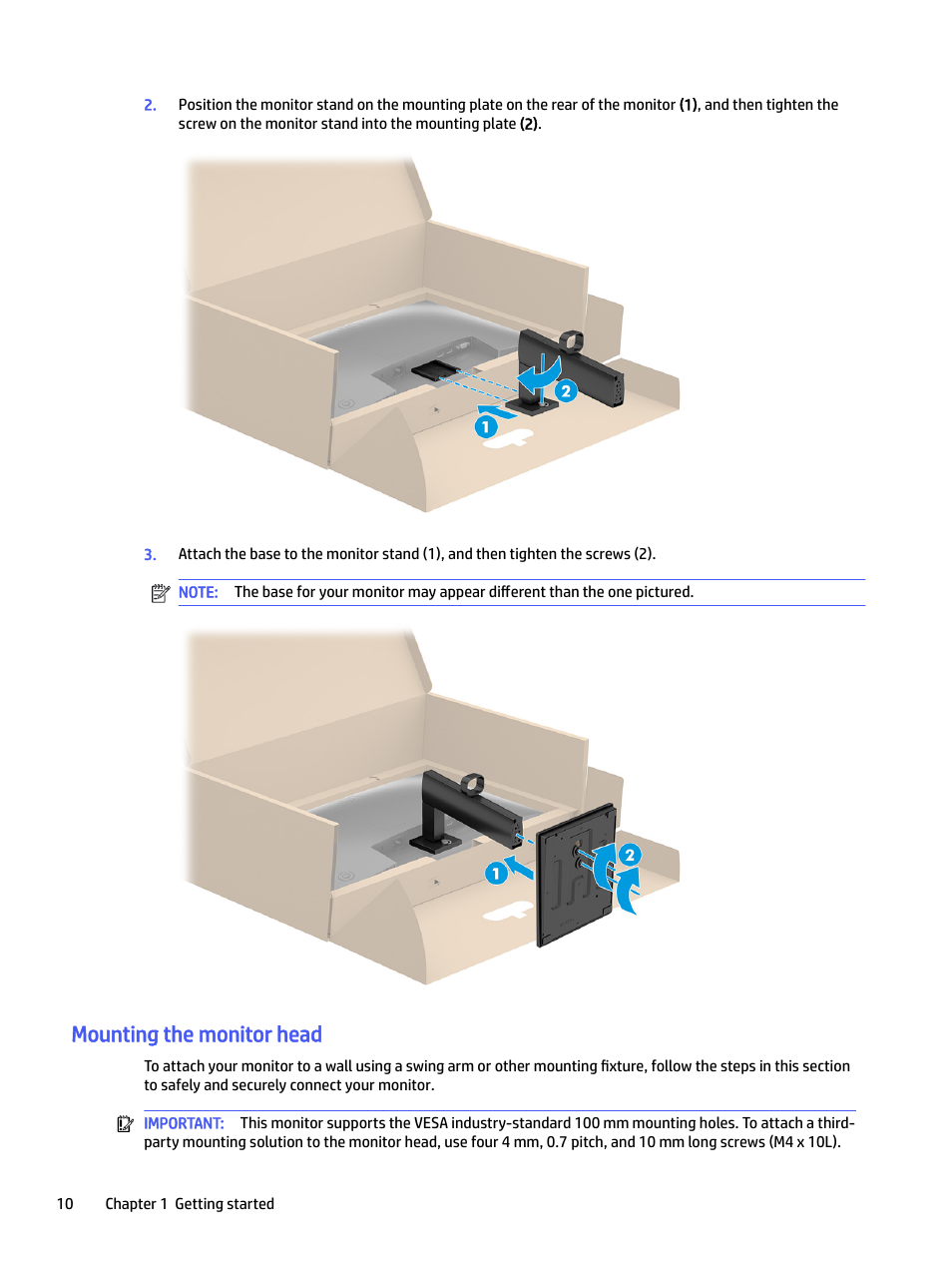 Mounting the monitor head | HP P22 G5 21.5" Monitor User Manual | Page 16 / 54