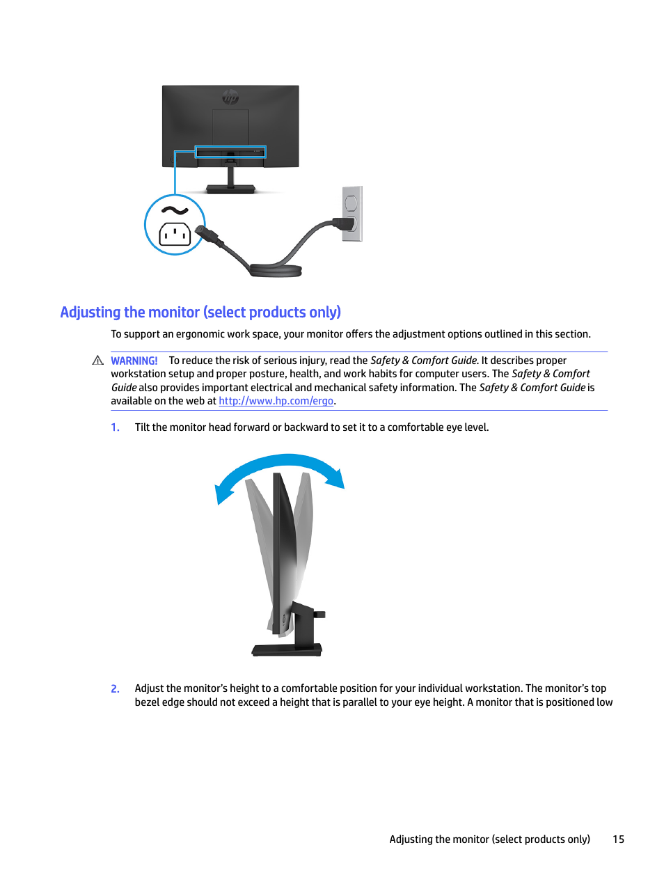 Adjusting the monitor (select products only) | HP P22 G5 21.5" Monitor User Manual | Page 21 / 54