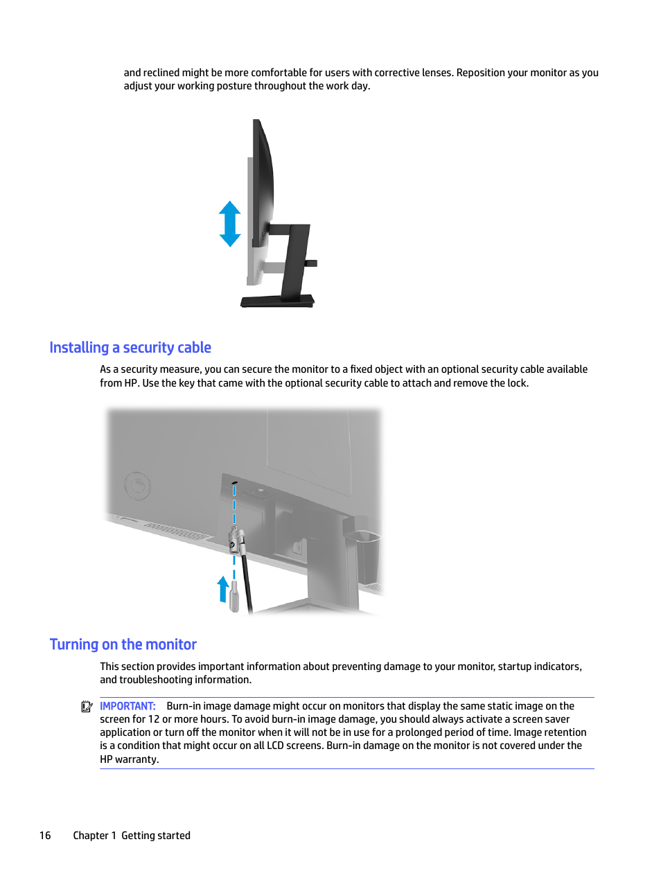 Installing a security cable, Turning on the monitor | HP P22 G5 21.5" Monitor User Manual | Page 22 / 54