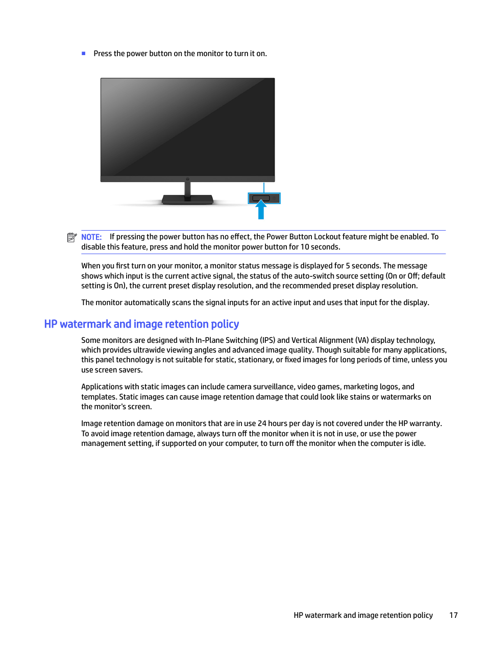 Hp watermark and image retention policy | HP P22 G5 21.5" Monitor User Manual | Page 23 / 54