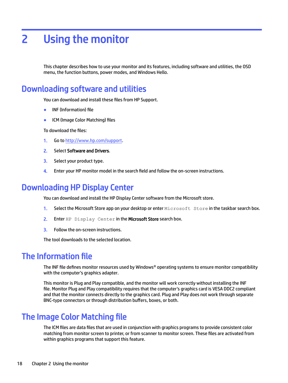 Using the monitor, Downloading software and utilities, Downloading hp display center | The information file, The image color matching file, 2 using the monitor, Using the monitor 2 | HP P22 G5 21.5" Monitor User Manual | Page 24 / 54