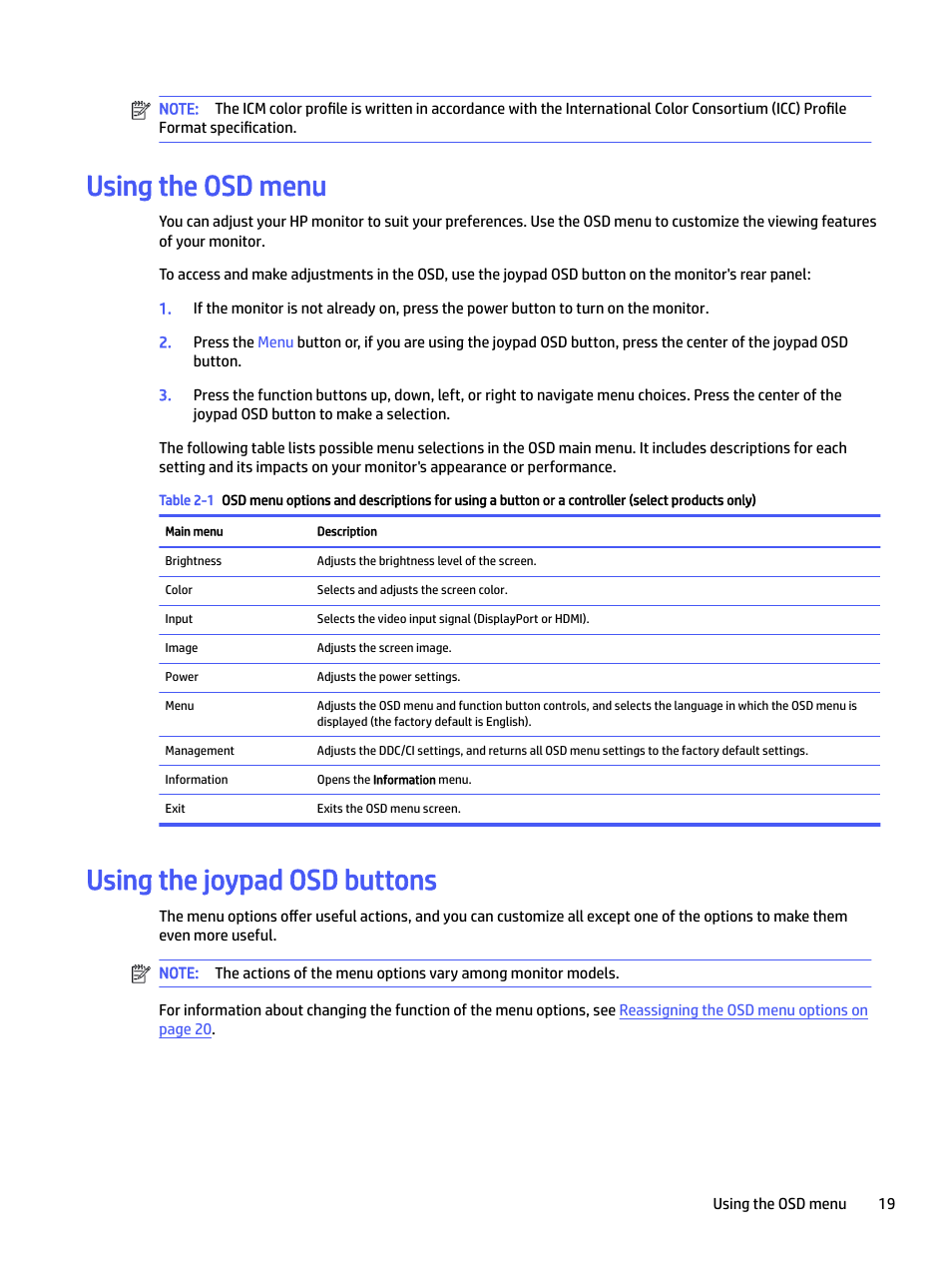 Using the osd menu, Using the joypad osd buttons | HP P22 G5 21.5" Monitor User Manual | Page 25 / 54