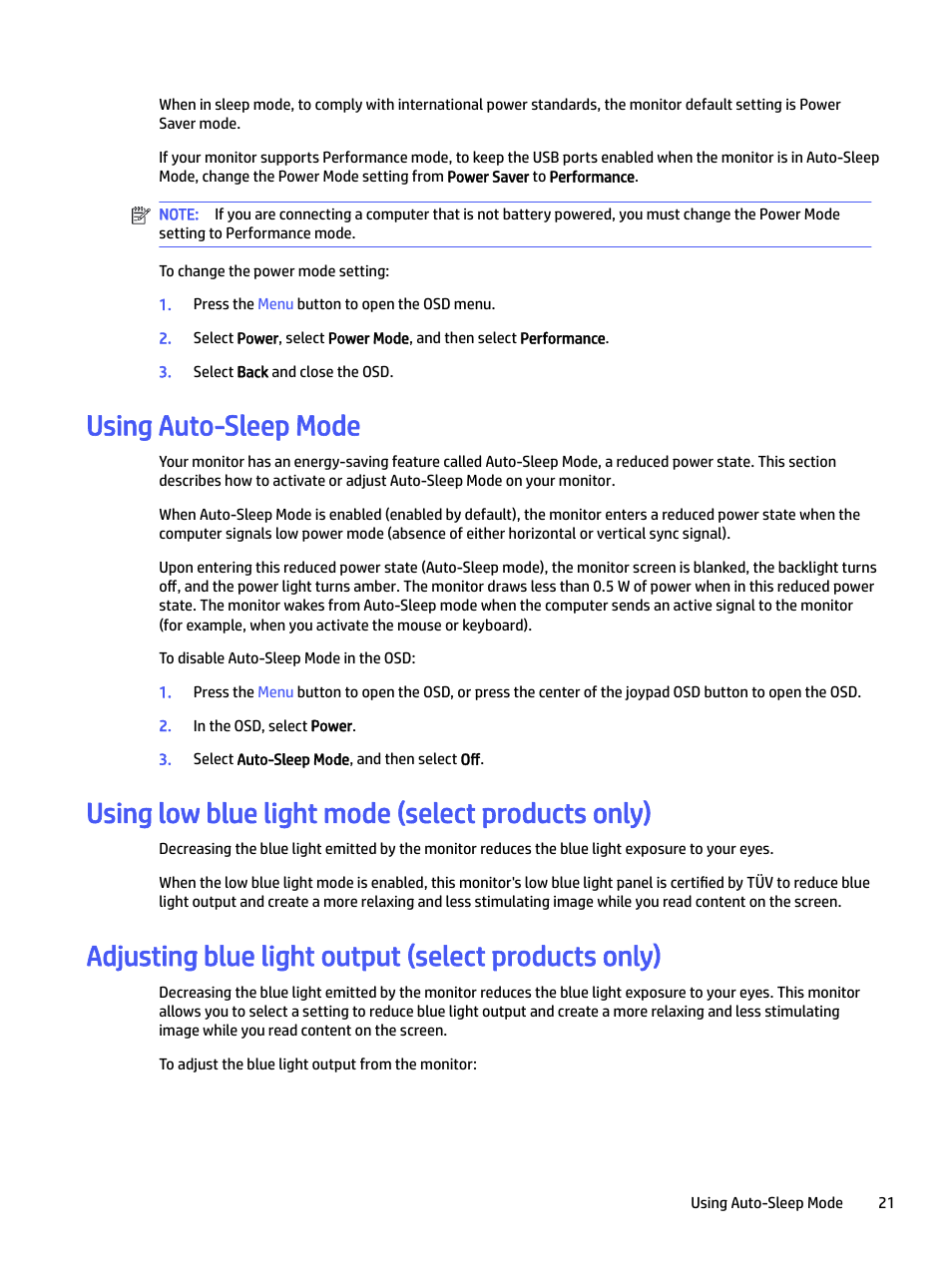 Using auto-sleep mode, Using low blue light mode (select products only), Adjusting blue light output (select products only) | HP P22 G5 21.5" Monitor User Manual | Page 27 / 54