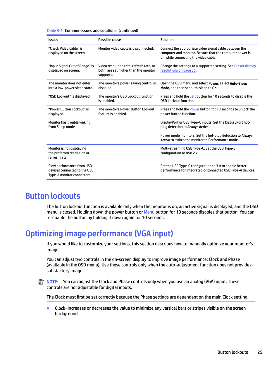 Button lockouts, Optimizing image performance (vga input) | HP P22 G5 21.5" Monitor User Manual | Page 31 / 54