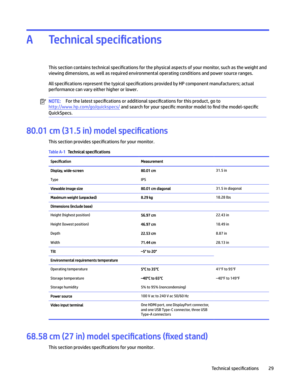 A. technical specifications, 01 cm (31.5 in) model specifications, 58 cm (27 in) model specifications (fixed stand) | Appendix a technical specifications, Technical specifications a | HP P22 G5 21.5" Monitor User Manual | Page 35 / 54