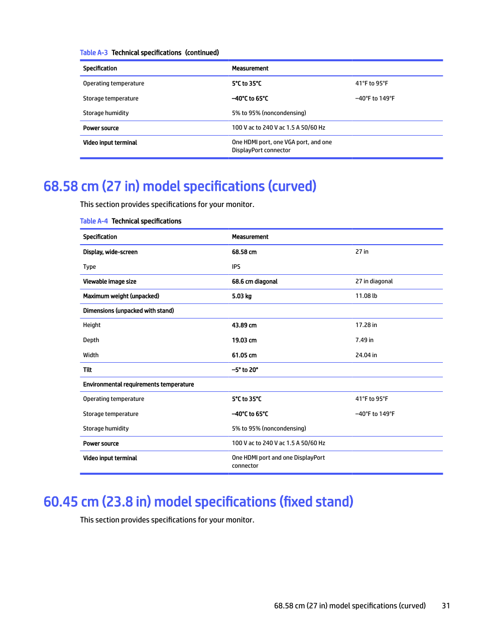 58 cm (27 in) model specifications (curved), 45 cm (23.8 in) model specifications (fixed stand) | HP P22 G5 21.5" Monitor User Manual | Page 37 / 54