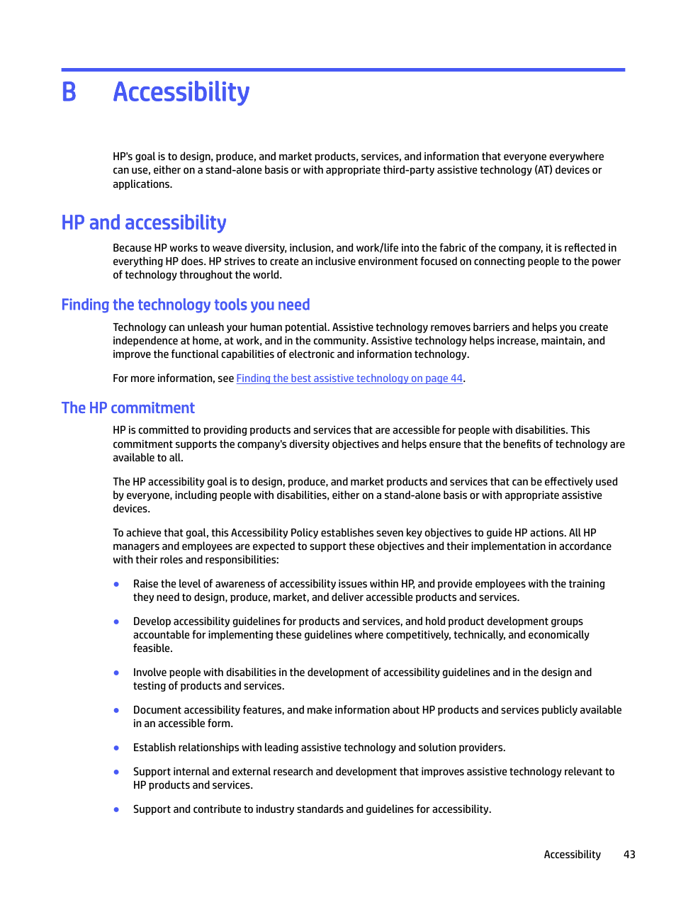 B. accessibility, Hp and accessibility, Finding the technology tools you need | The hp commitment, Appendix b accessibility, Accessibility b | HP P22 G5 21.5" Monitor User Manual | Page 49 / 54