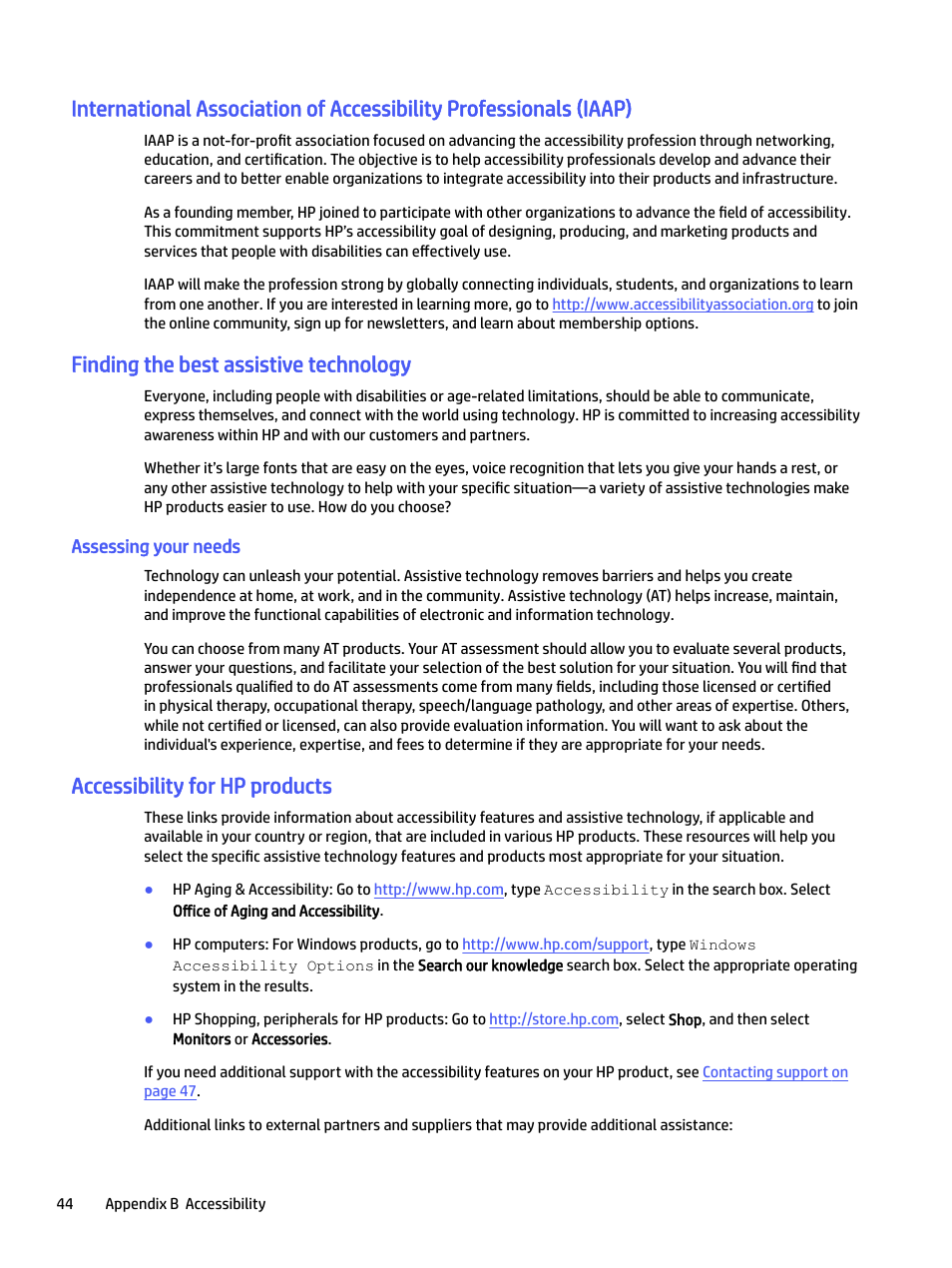 Finding the best assistive technology, Assessing your needs, Accessibility for hp products | HP P22 G5 21.5" Monitor User Manual | Page 50 / 54