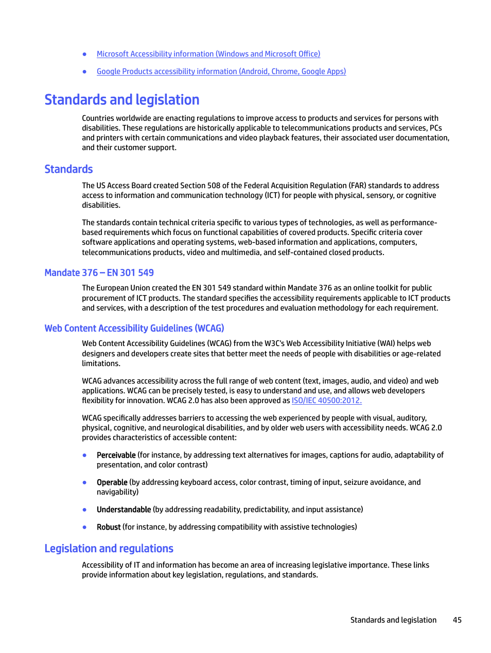 Standards and legislation, Standards, Mandate 376 – en 301 549 | Web content accessibility guidelines (wcag), Legislation and regulations | HP P22 G5 21.5" Monitor User Manual | Page 51 / 54