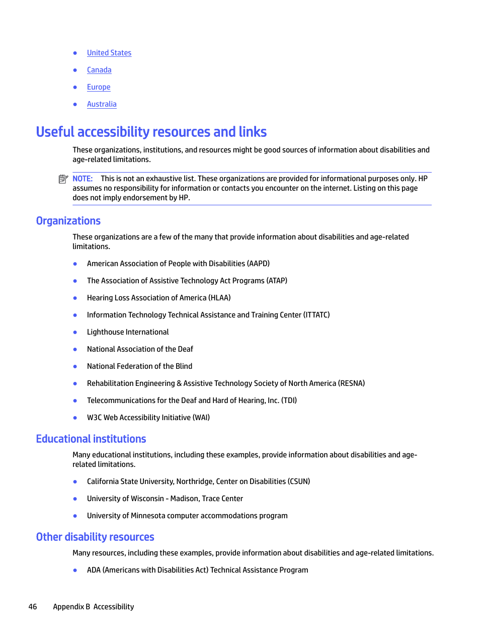 Useful accessibility resources and links, Organizations, Educational institutions | Other disability resources | HP P22 G5 21.5" Monitor User Manual | Page 52 / 54