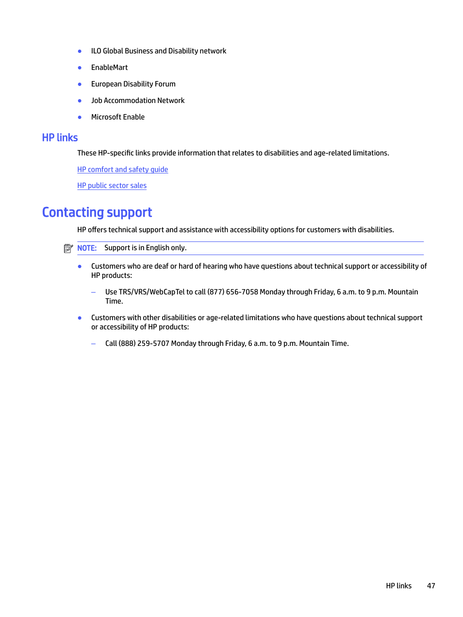 Hp links, Contacting support, Contacting support on | HP P22 G5 21.5" Monitor User Manual | Page 53 / 54