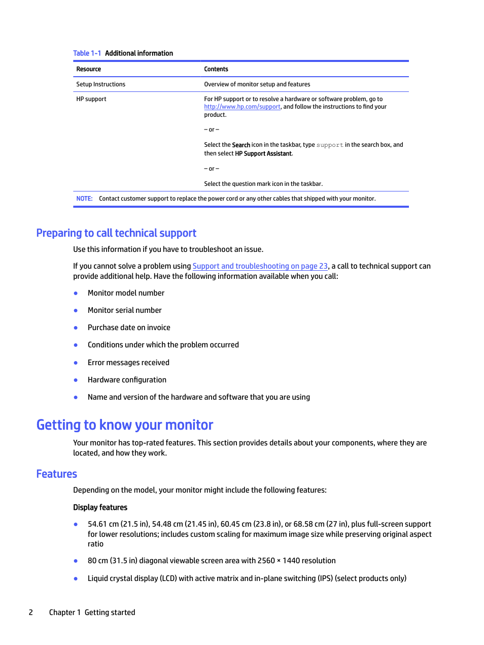 Preparing to call technical support, Getting to know your monitor, Features | HP P22 G5 21.5" Monitor User Manual | Page 8 / 54