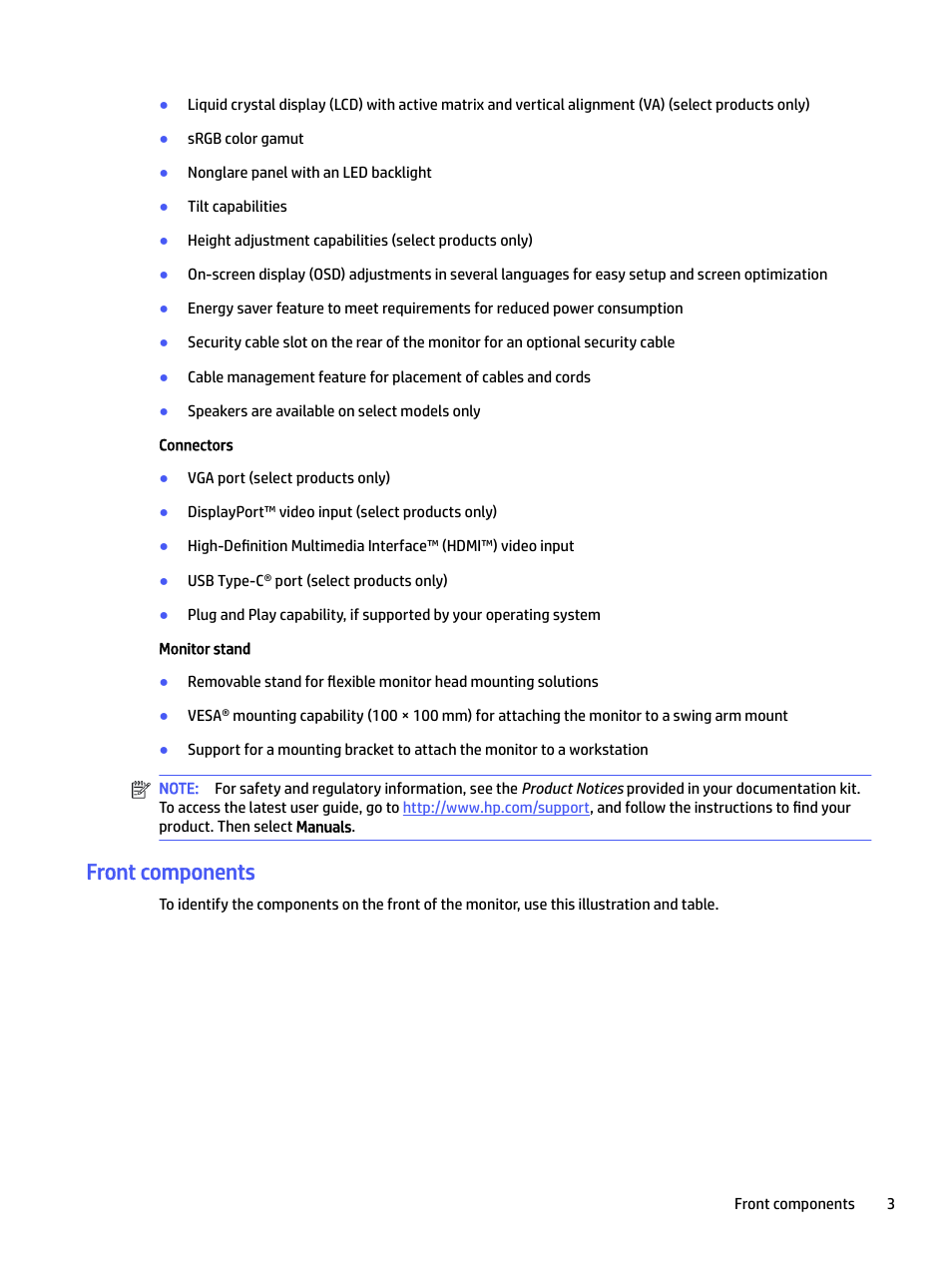 Front components | HP P22 G5 21.5" Monitor User Manual | Page 9 / 54