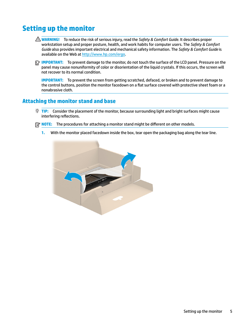 Setting up the monitor, Attaching the monitor stand and base | HP E27q 27" 16:9 IPS Monitor User Manual | Page 11 / 45