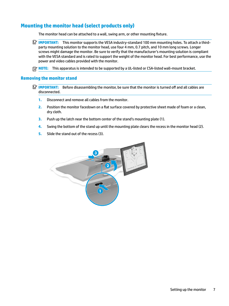 Mounting the monitor head (select products only), Removing the monitor stand | HP E27q 27" 16:9 IPS Monitor User Manual | Page 13 / 45