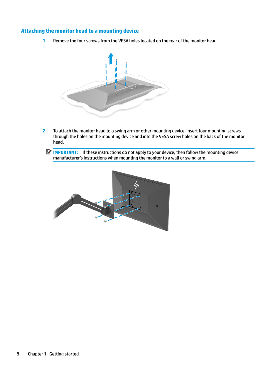 Attaching the monitor head to a mounting device | HP E27q 27" 16:9 IPS Monitor User Manual | Page 14 / 45