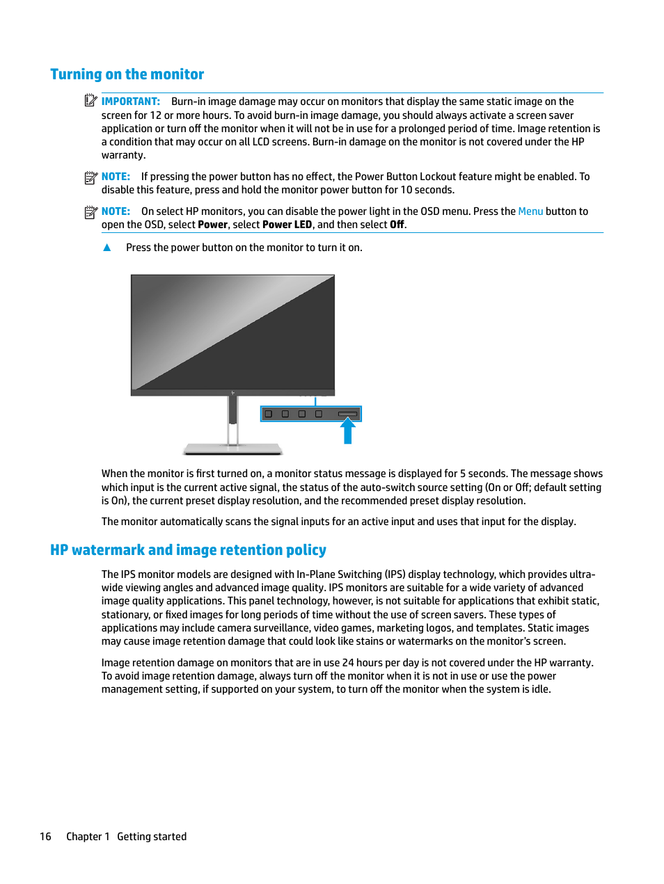 Turning on the monitor, Hp watermark and image retention policy | HP E27q 27" 16:9 IPS Monitor User Manual | Page 22 / 45