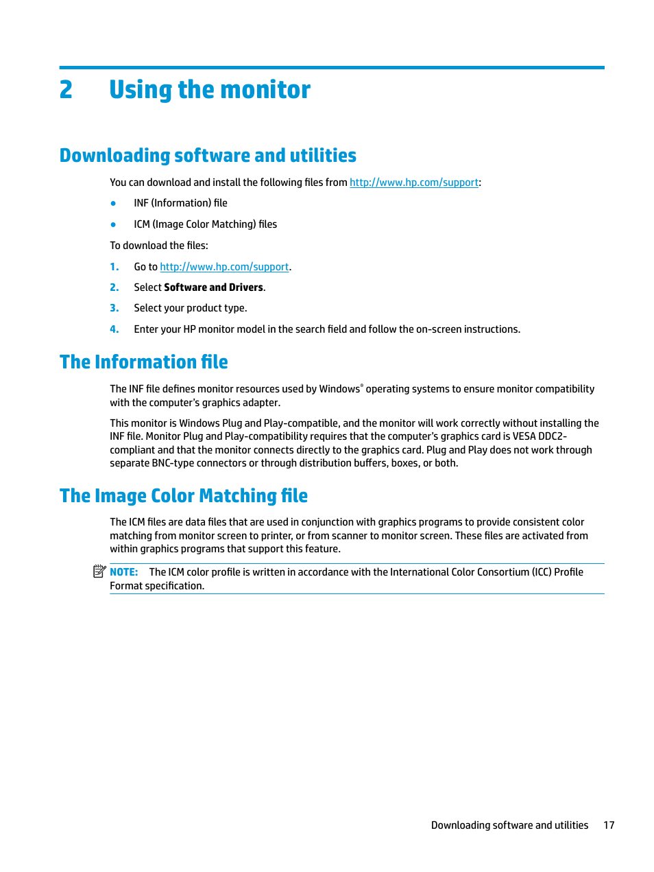 Using the monitor, Downloading software and utilities, The information file | The image color matching file, 2 using the monitor, 2using the monitor | HP E27q 27" 16:9 IPS Monitor User Manual | Page 23 / 45