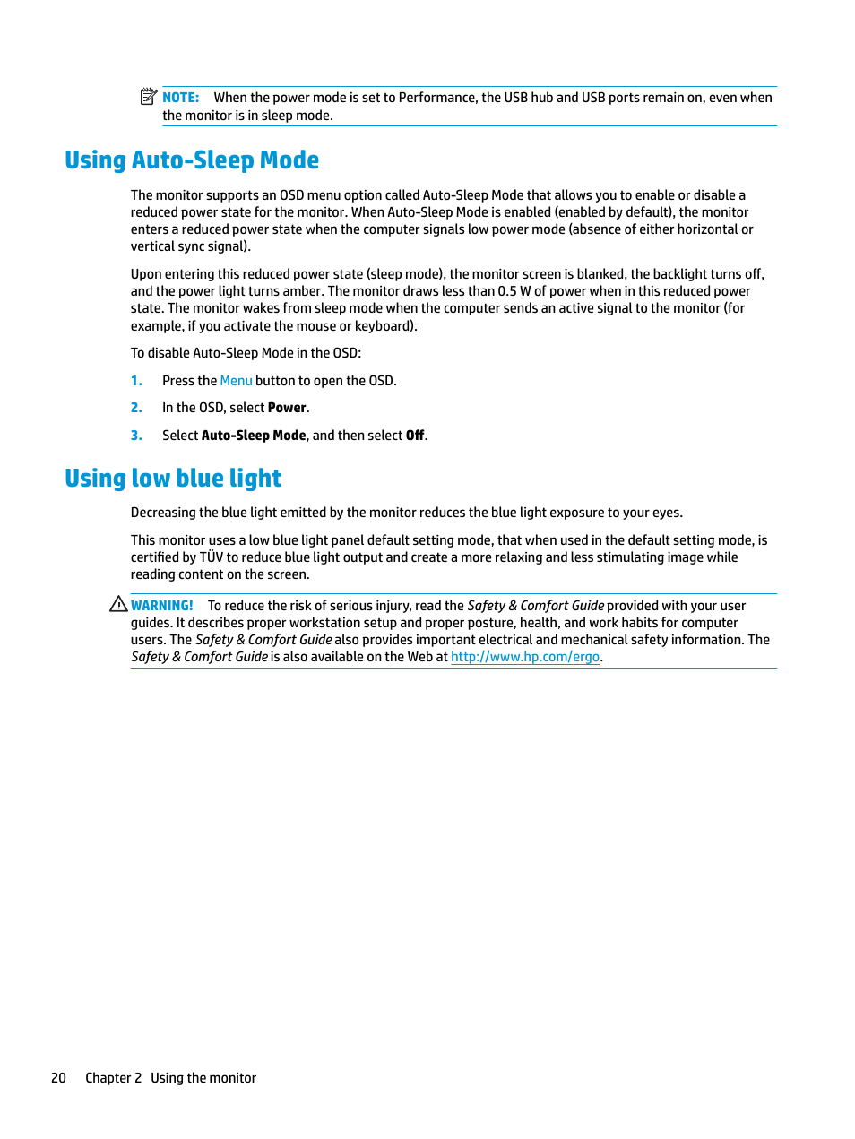 Using auto-sleep mode, Using low blue light, Using auto-sleep mode using low blue light | Y. see, Using auto | HP E27q 27" 16:9 IPS Monitor User Manual | Page 26 / 45