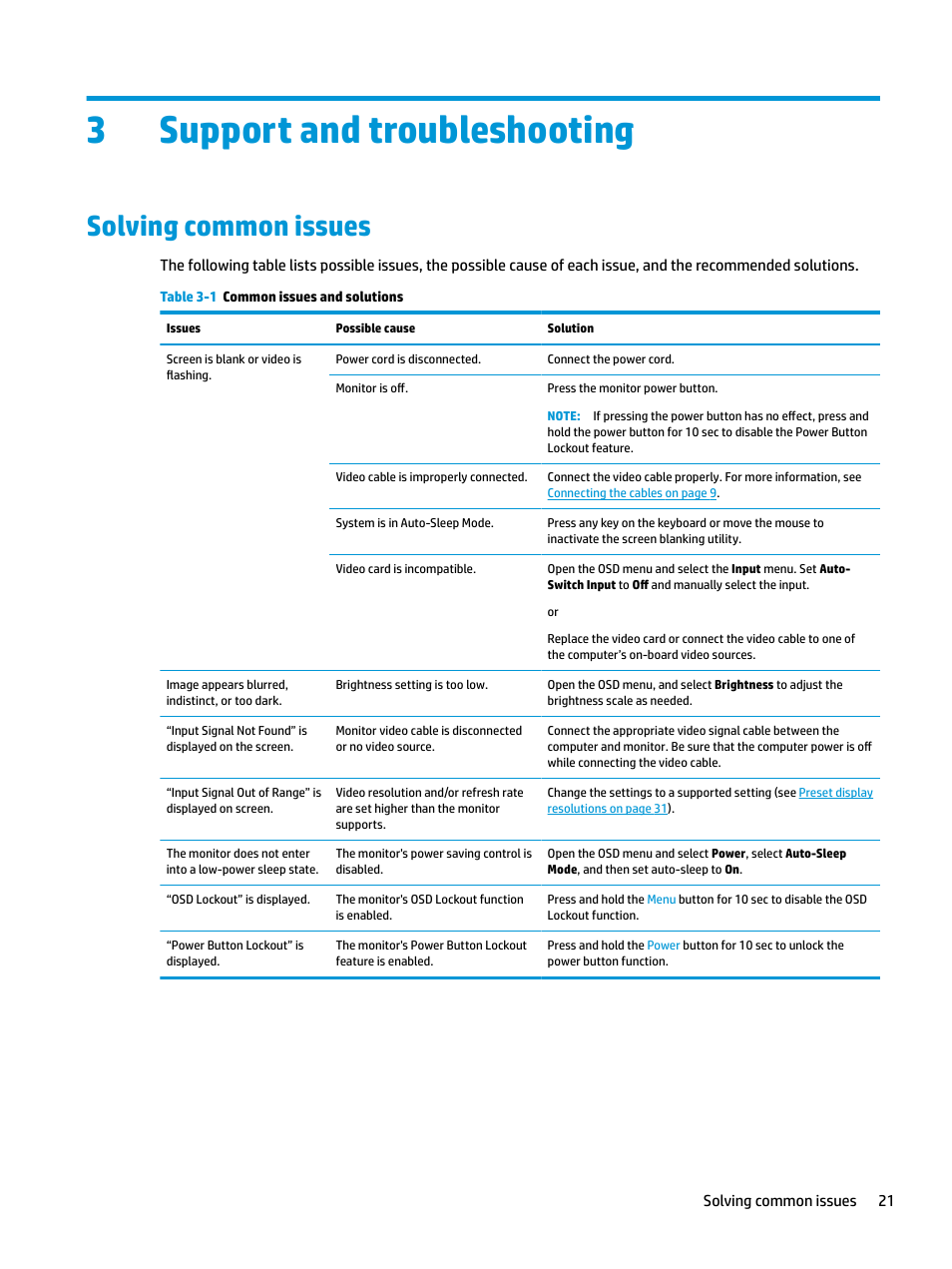 Support and troubleshooting, Solving common issues, 3 support and troubleshooting | 3support and troubleshooting | HP E27q 27" 16:9 IPS Monitor User Manual | Page 27 / 45