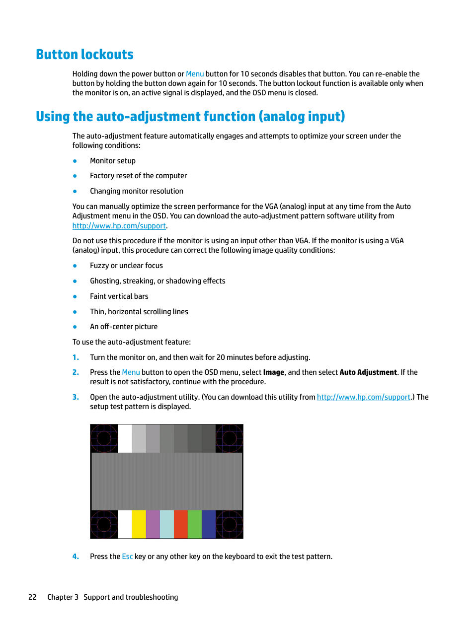 Button lockouts, Using the auto-adjustment function (analog input) | HP E27q 27" 16:9 IPS Monitor User Manual | Page 28 / 45